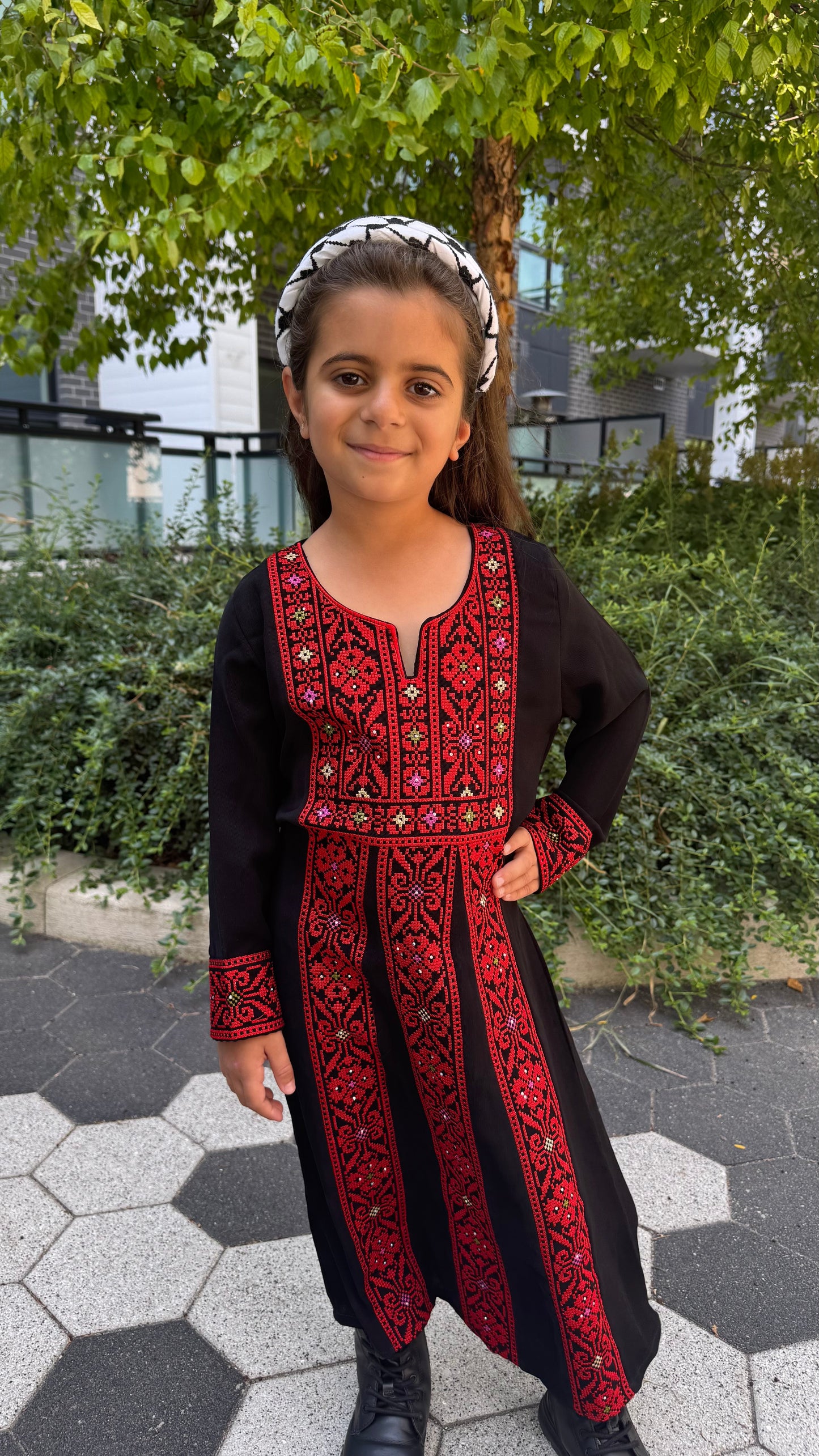 Kids Palestinian Thobe Traditional Dress | Black with Red Tatreez Embroidery – Sizes Toddler to Youth