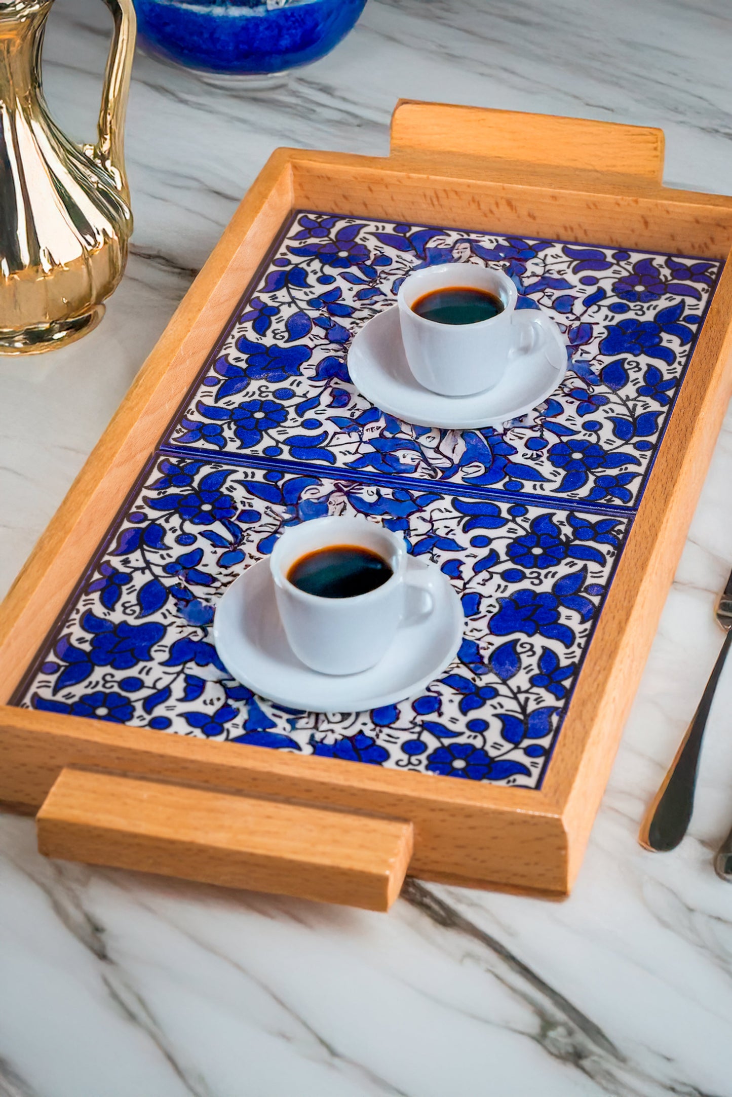 Tray with Wood Handle | Rectangular & Square – Hand-Painted Palestinian Ceramic | Multicolor & Navy