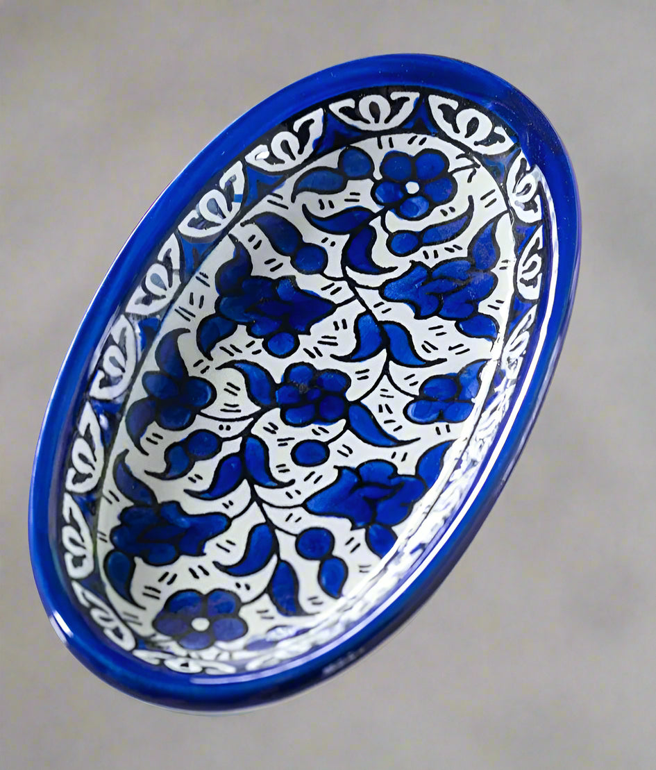 Oval Side Dishes | Small & Large – Hand-Painted Palestinian Ceramic | Multicolor & Navy