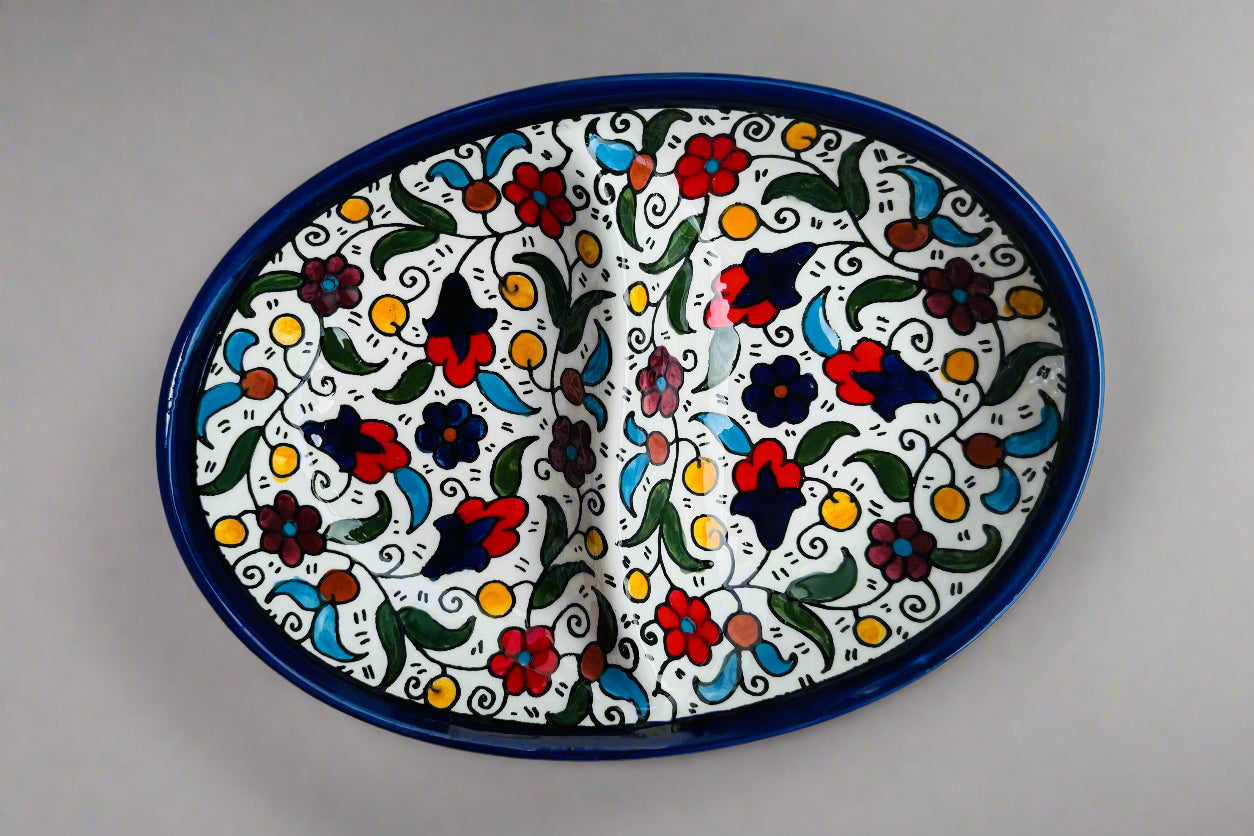 Oval Double Dip Side – Hand-Painted Palestinian Ceramic | Multicolor & Navy