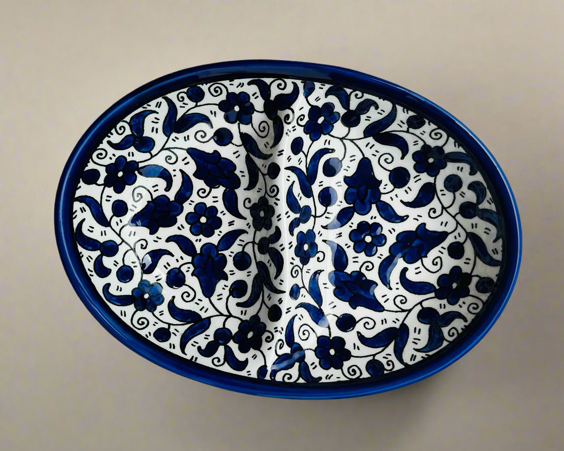 Oval Double Dip Side – Hand-Painted Palestinian Ceramic | Multicolor & Navy