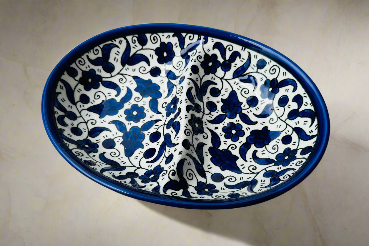 Oval Double Dip Side – Hand-Painted Palestinian Ceramic | Multicolor & Navy