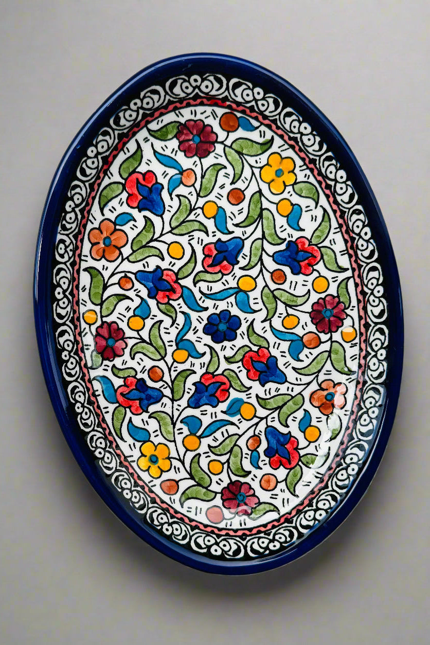 Oval Side Dishes | Small & Large – Hand-Painted Palestinian Ceramic | Multicolor & Navy