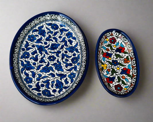 Oval Side Dishes | Small & Large – Hand-Painted Palestinian Ceramic | Multicolor & Navy