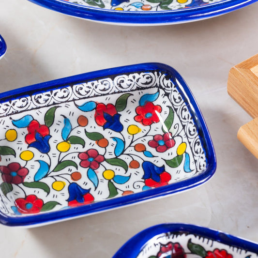 Rectangular Side Dishes – Hand-Painted Palestinian Ceramic | Multicolor & Navy