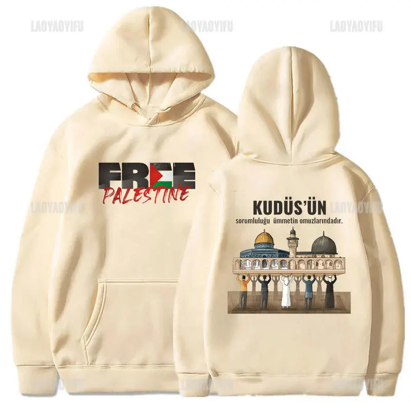 Hot Sale Al-aqsa Printed Hoodies KUDUS'UNsorumluluğu Ümmetin Omuzlarındadır Letters Slogan Hooded Autumn Fashion Sweatshirt