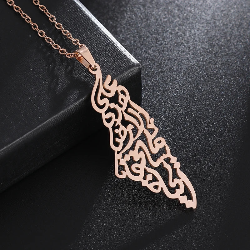 Exquisite Hollow Map Pendant Necklace for Women Men Fashion Charm Arabic Stainless Steel Amulet Jewelry