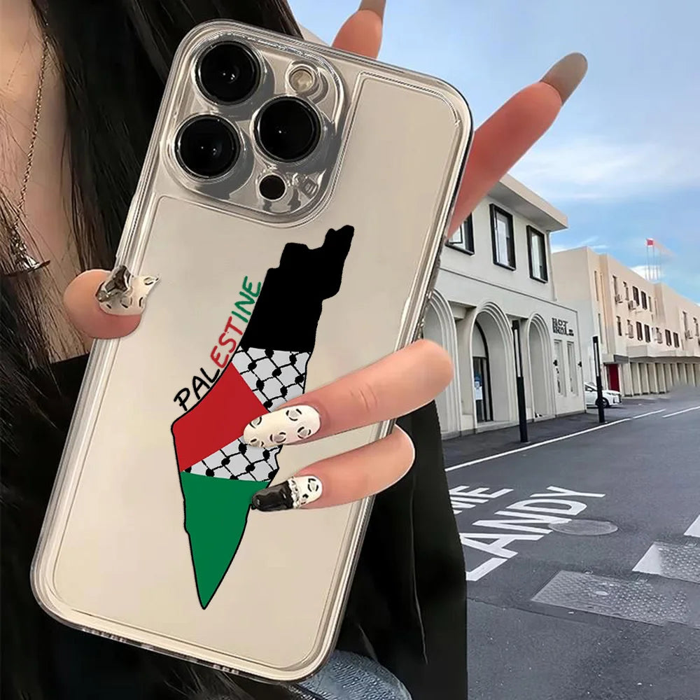 Cute Phone Case For Palestine Flag Map Passport iPhone 16 15 14 13 12 11 Mini Pro Max X XR XSMax 7 8 Plus Transparent Soft Cover