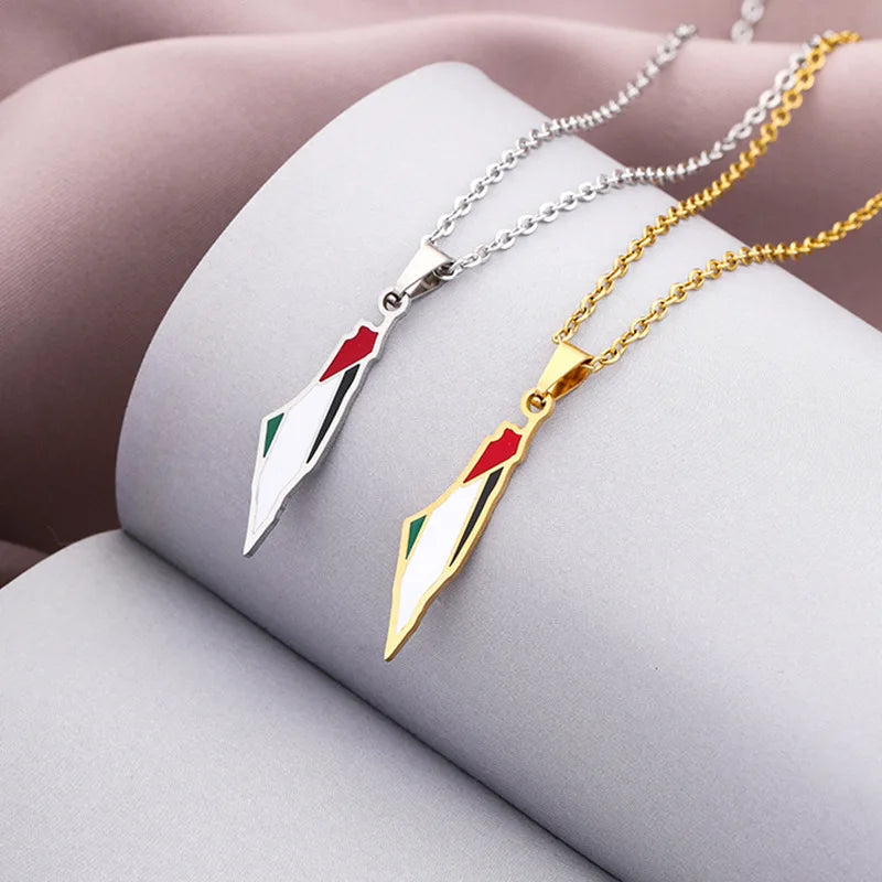 Fashion Stainless Steel Palestine Map Pendant Necklace For Women Men Couple Chain Ethnic Cultural Jewelry Birthday Party Gifts