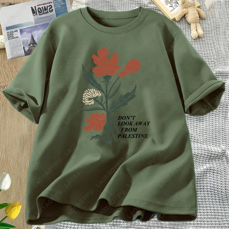 Don't Look Away From Palestine Flag T-shirt Flowers