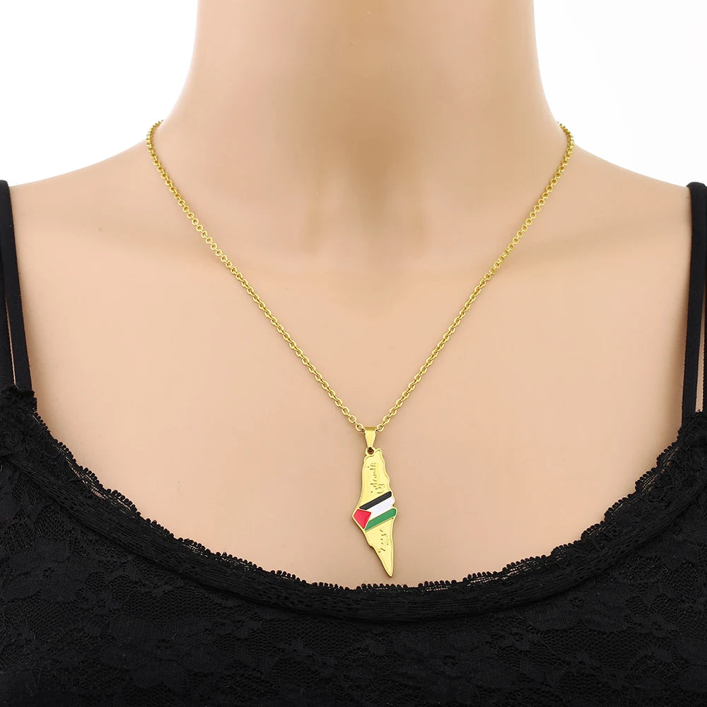 State of Palestine Map Flag Pendant Necklace Stainless Steel Palestinians Maps Jewelry For Men Women Gift