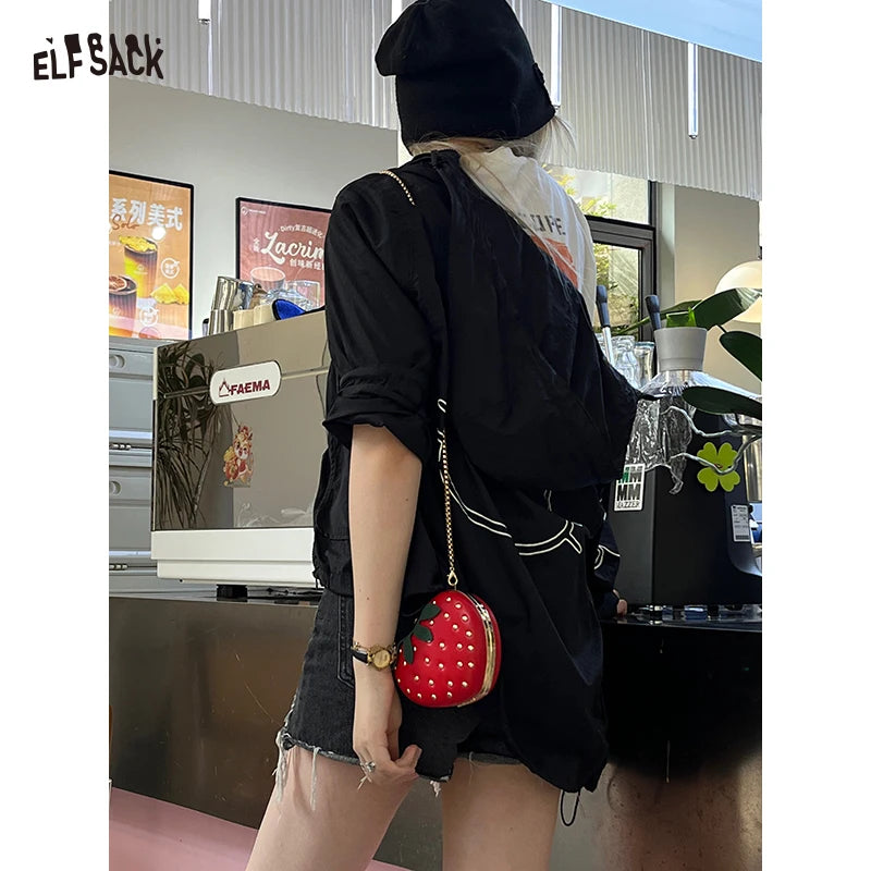ELFSACK 2025 Summer New Arrival Y2K Cartoon Patchwork All-Over Print Canvas Bag Large Capacity Stylish Shoulder Tote for woman