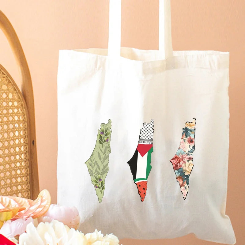 Arabic Calligraphy Olive Map Canvas Shopping Bag