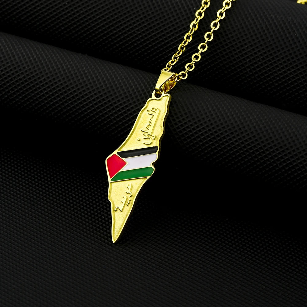 State of Palestine Map Flag Pendant Necklace Stainless Steel Palestinians Maps Jewelry For Men Women Gift