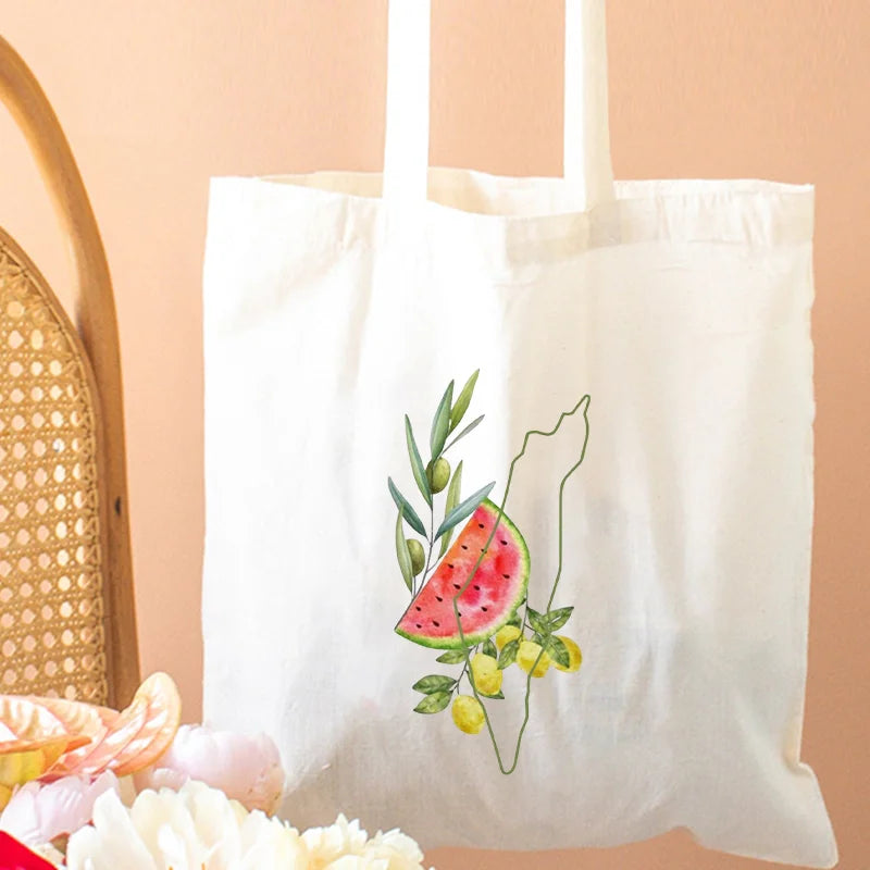 Arabic Calligraphy Olive Map Canvas Shopping Bag