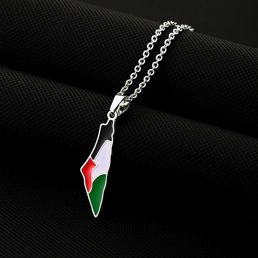 Fashion State of Palestine Map Flag Pendant Necklace Stainless Steel Men Women فلسطين Ethnic Map Jewelry Gift