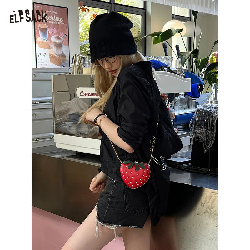 ELFSACK 2025 Summer New Arrival Y2K Cartoon Patchwork All-Over Print Canvas Bag Large Capacity Stylish Shoulder Tote for woman