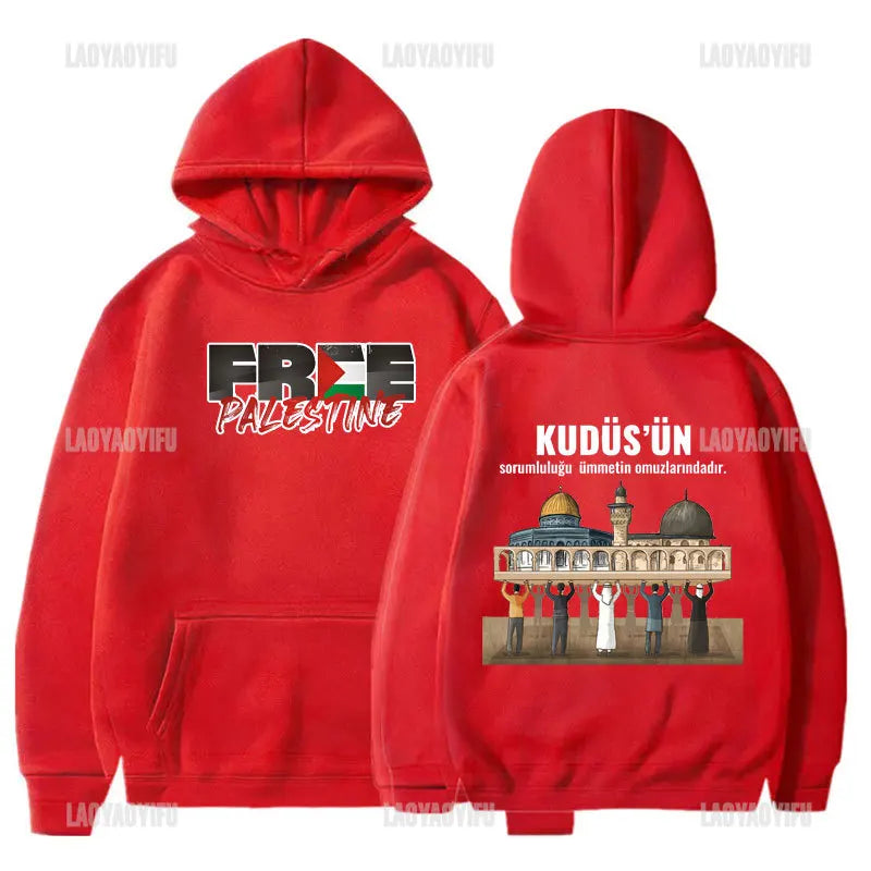 Hot Sale Al-aqsa Printed Hoodies KUDUS'UNsorumluluğu Ümmetin Omuzlarındadır Letters Slogan Hooded Autumn Fashion Sweatshirt