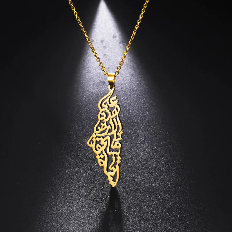 Ethnic Arabic Calligraphy Palestine Map Pendant Necklace For Women Men Stainless Steel Jewelry