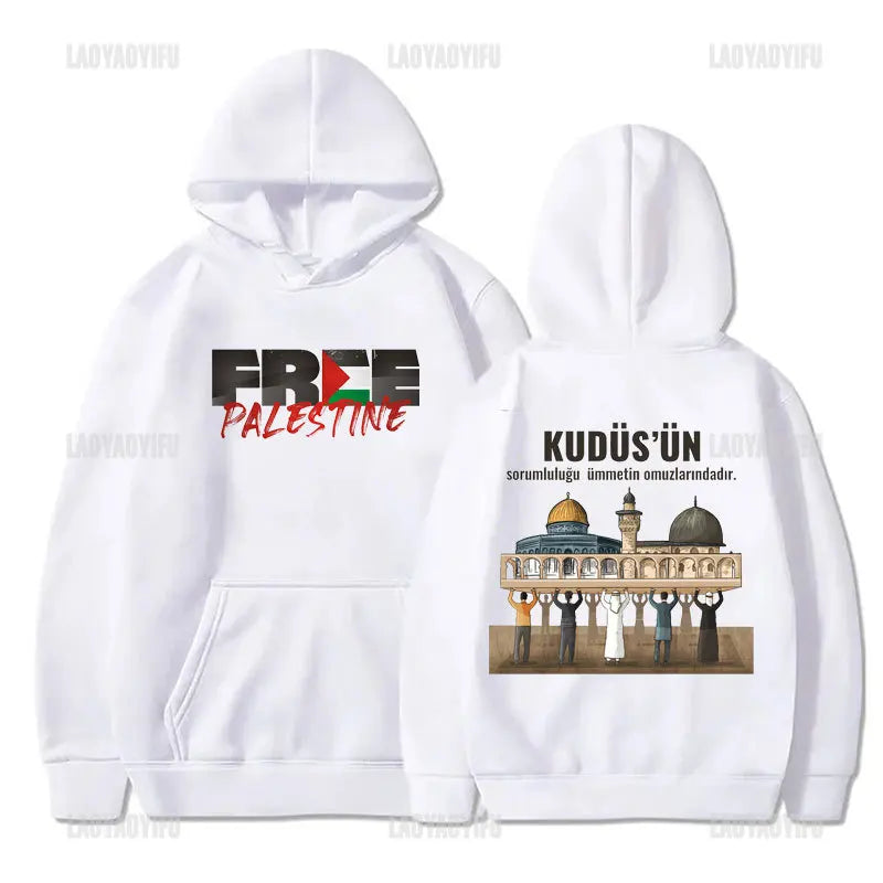 Hot Sale Al-aqsa Printed Hoodies KUDUS'UNsorumluluğu Ümmetin Omuzlarındadır Letters Slogan Hooded Autumn Fashion Sweatshirt