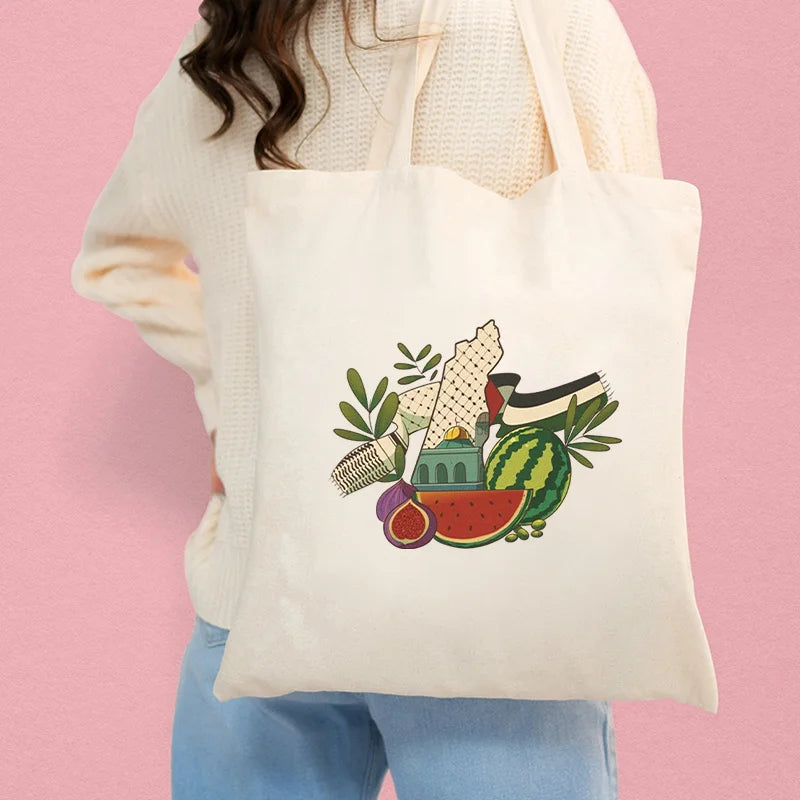 Arabic Calligraphy Olive Map Canvas Shopping Bag