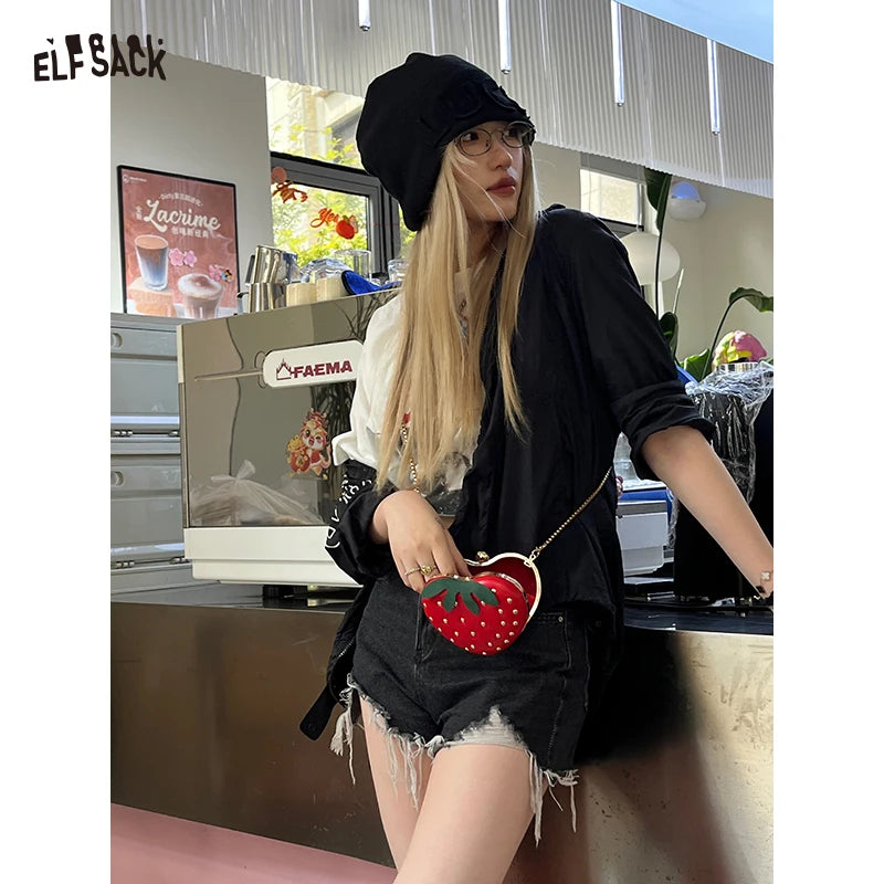 ELFSACK 2025 Summer New Arrival Y2K Cartoon Patchwork All-Over Print Canvas Bag Large Capacity Stylish Shoulder Tote for woman