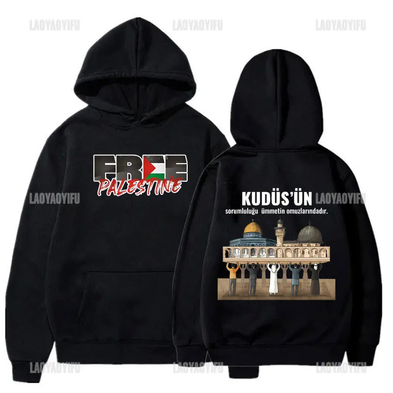 Hot Sale Al-aqsa Printed Hoodies KUDUS'UNsorumluluğu Ümmetin Omuzlarındadır Letters Slogan Hooded Autumn Fashion Sweatshirt