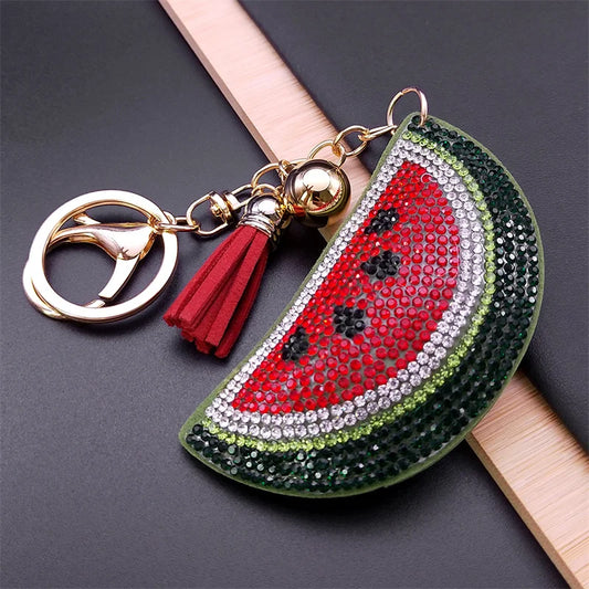Kawaii Watermelon Full Crystal Key Chain Women Men Alloy Leather Gold Color Fruit Keyring Bag Car Accessories Jewelry K5100S05