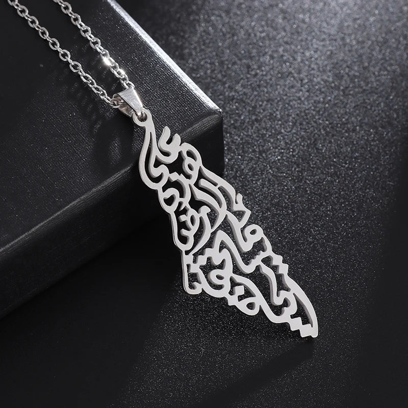 Exquisite Hollow Map Pendant Necklace for Women Men Fashion Charm Arabic Stainless Steel Amulet Jewelry