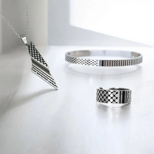 Stainless Steel Kufiya Scarf Pattern Pendant Necklaces Ring Bracelet Jewelry Set Geometric Map Charm Gift for Women Men