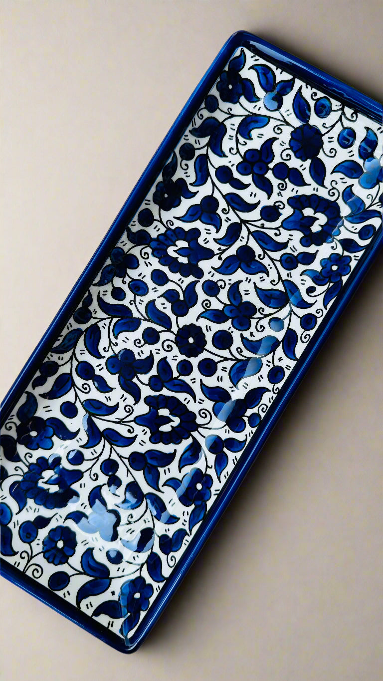 Serving Dishes | Round & Rectangular – Hand-Painted Palestinian Ceramic | Multicolor & Navy