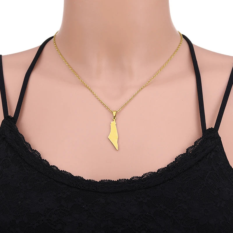 Blank Gold Plated Stainless Steel Israel Palestine Map Pendant Necklace For Women Men Jewelry