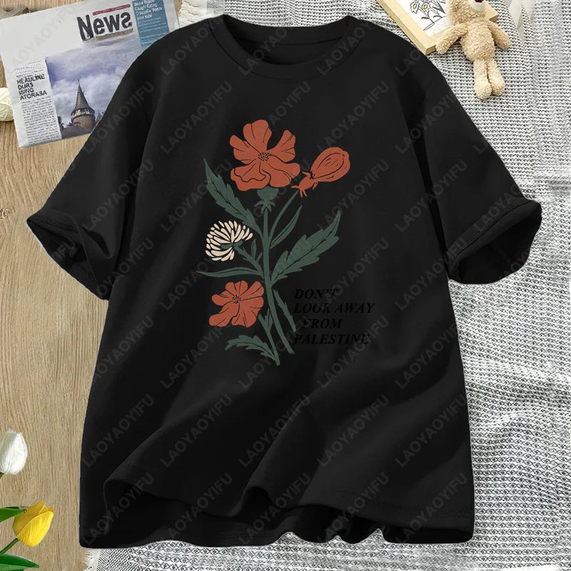 Don't Look Away From Palestine Flag T-shirt Flowers