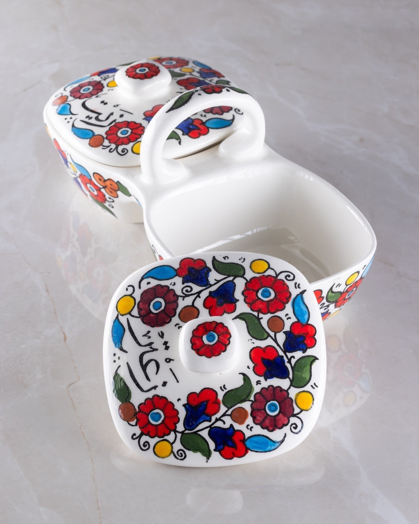 Olive Oil & Za’atar Double Dip Dish – Hand-Painted Palestinian Ceramic | Multicolor & Navy