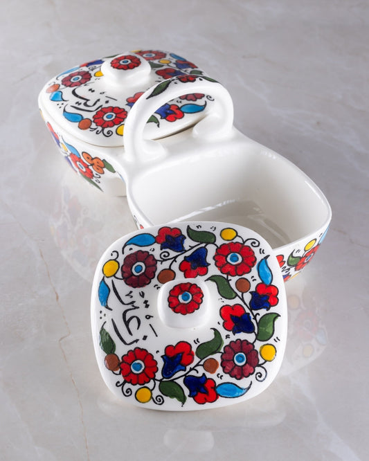 Olive Oil & Za’atar Double Dip Dish – Hand-Painted Palestinian Ceramic | Multicolor & Navy