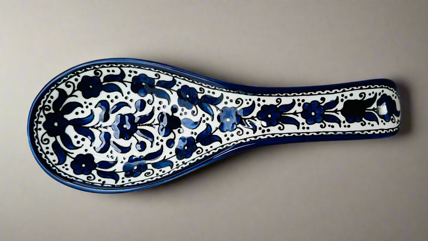 Spoon Rest – Hand-Painted Palestinian Ceramic | Multicolor & Navy