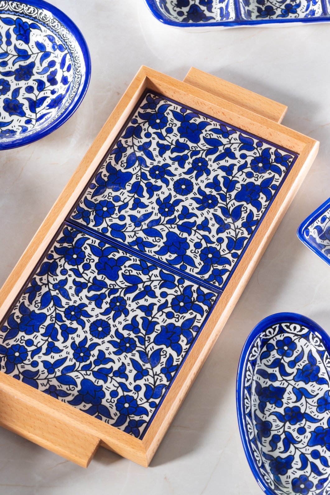 Tray with Wood Handle | Rectangular & Square – Hand-Painted Palestinian Ceramic | Multicolor & Navy
