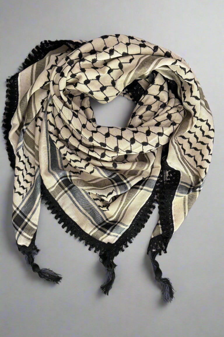 Echoes – Earthy Beige Kufiya (Keffiyeh) | Muted Threads – Made in Jordan - Palestinian Scarf
