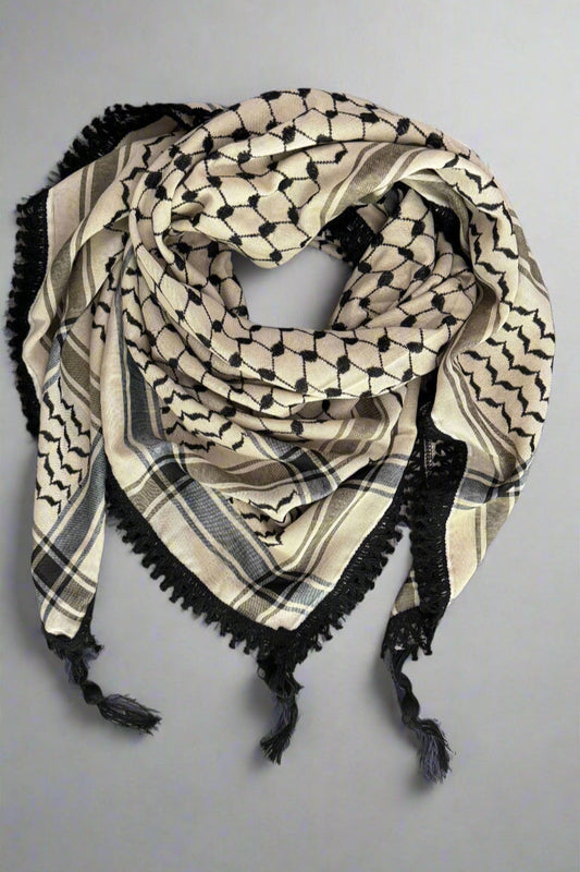 Echoes – Earthy Beige Kufiya (Keffiyeh) | Muted Threads – Made in Jordan - Palestinian Scarf