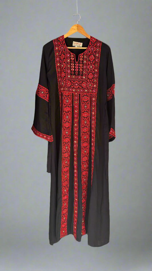 Palestinian Thobe Traditional Dress | Black with Red Tatreez Embroidery for Adults