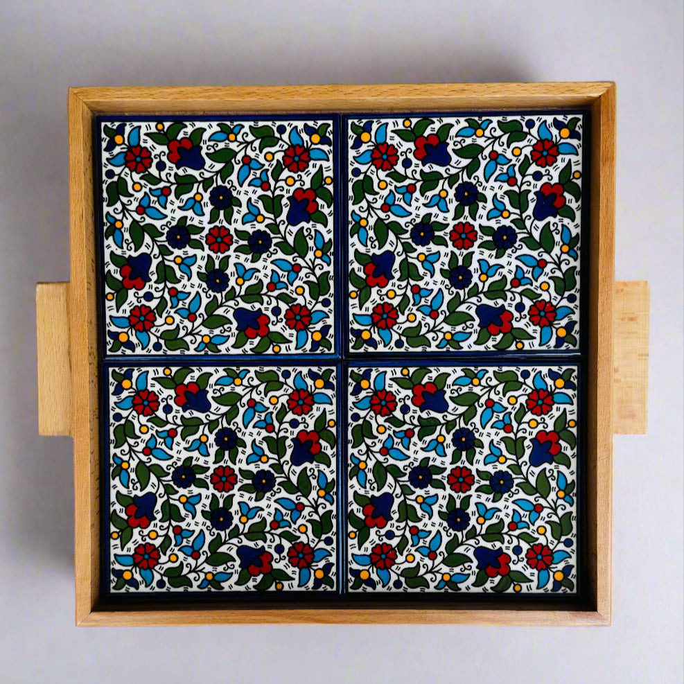Tray with Wood Handle | Rectangular & Square – Hand-Painted Palestinian Ceramic | Multicolor & Navy